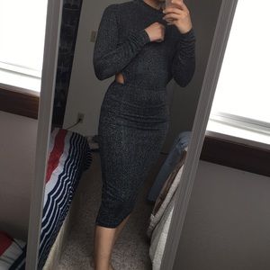 grey ribbed knit open back sparkle dress